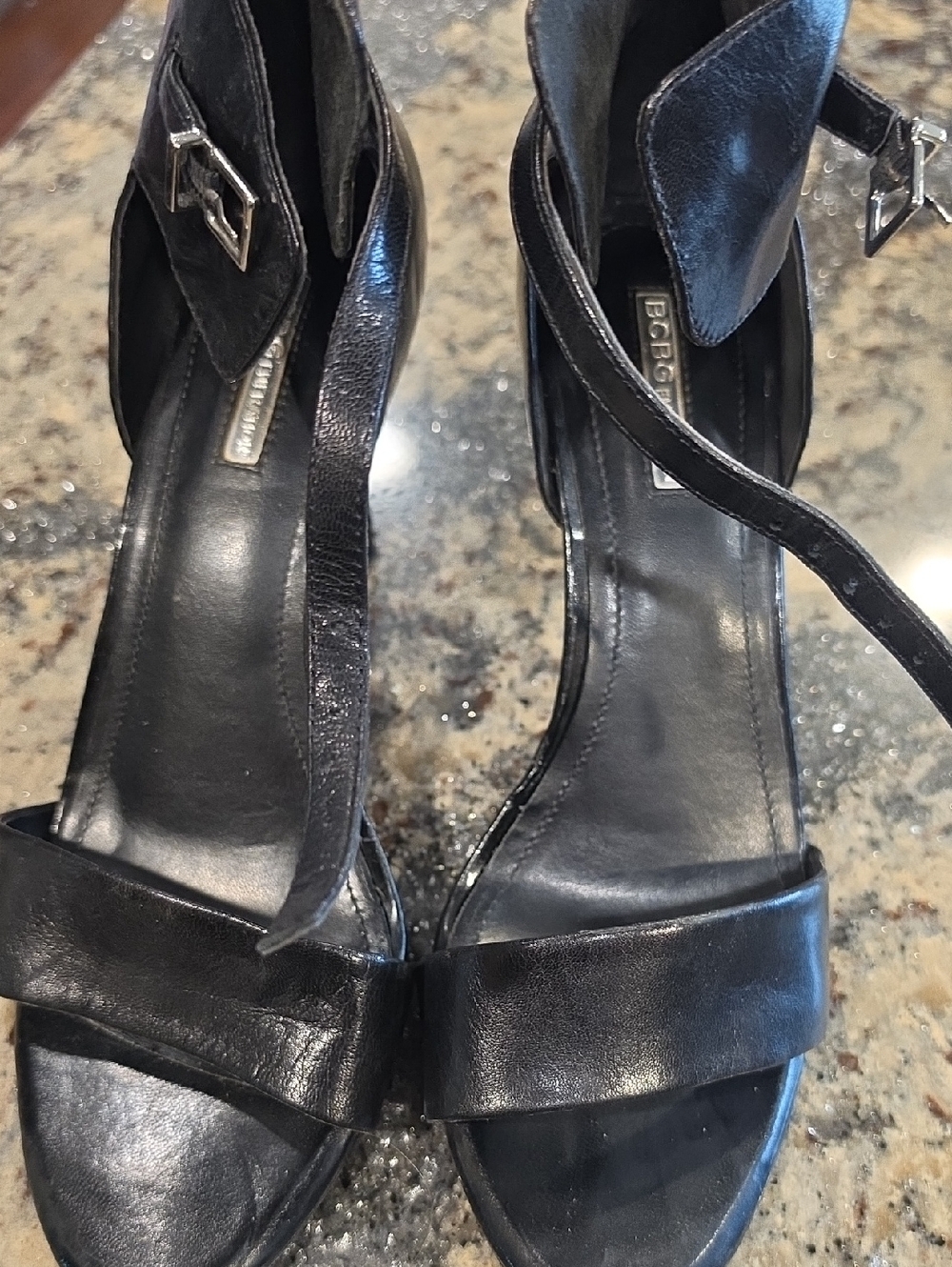 BCBG Black Leather Open-Toe Ankle Strap Heels